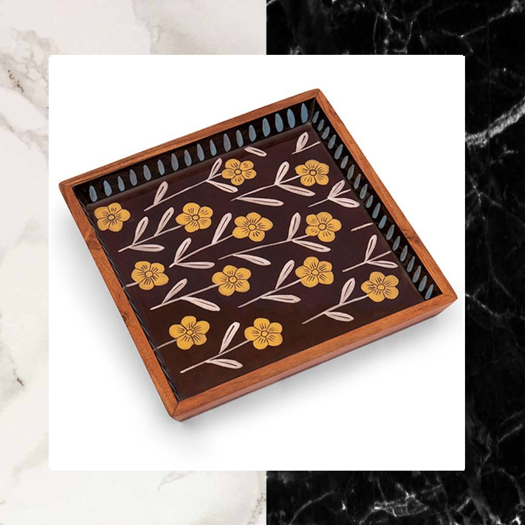 Handmade Enamel Square Solid Wood Tray (10'' x 10'' x 1.37'')