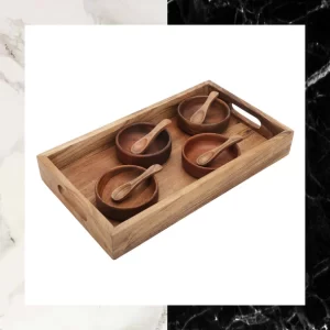 Handmade Rectangle Solid Wood Tray with 4 Bowls and 4 Spoons(16'' x 11'' x 3'')_Brown