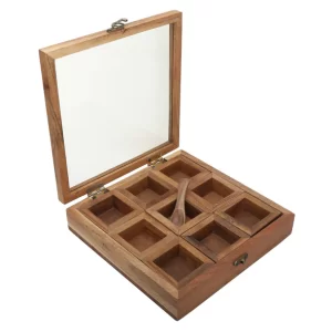 Authentic Handcrafted Indian Spice Box, Spice Rack | Premium Mango Wood Masala Dani with 9 Removable Compartments