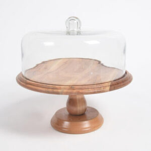Handcarved Solid Acacia Wood Cake Stand with Glass Cloche - Perfect for Parties and Gifts