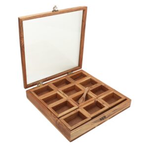 Handcrafted Solid Wood Square Masala Spice Box with spoon - 12 compartments