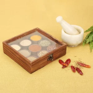Hand Crafted Mango Wood Spice Box Masala Box (Round)